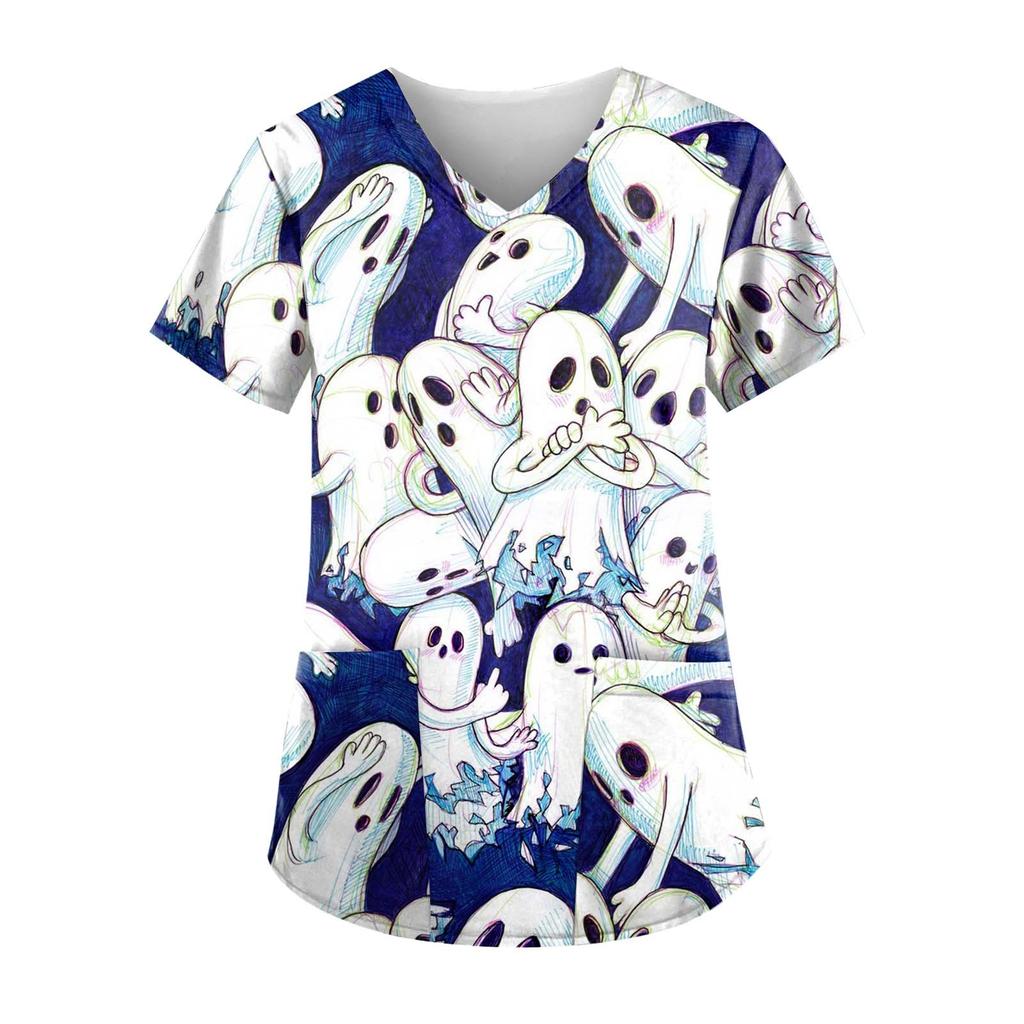 Women's Hallowen Printing Short Sleeve V-neck Tops Working Uniform Pocket Blouse