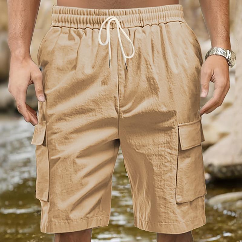 Mens Solid Color Drawstring Waist Cargo Casual Shorts