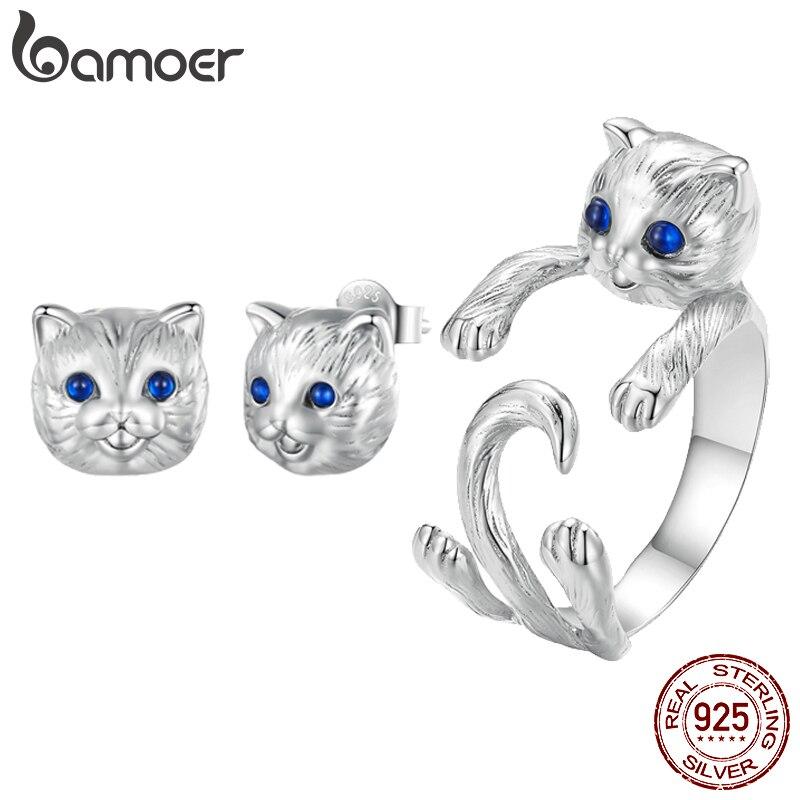 

BAMOER стерлингового серебра 925 пробы, кольцо с отверстием для объятий кота и серьги-гвоздики с изображением кота, комплект украшений, синяя шпинель, ювелирные украшения для женщин