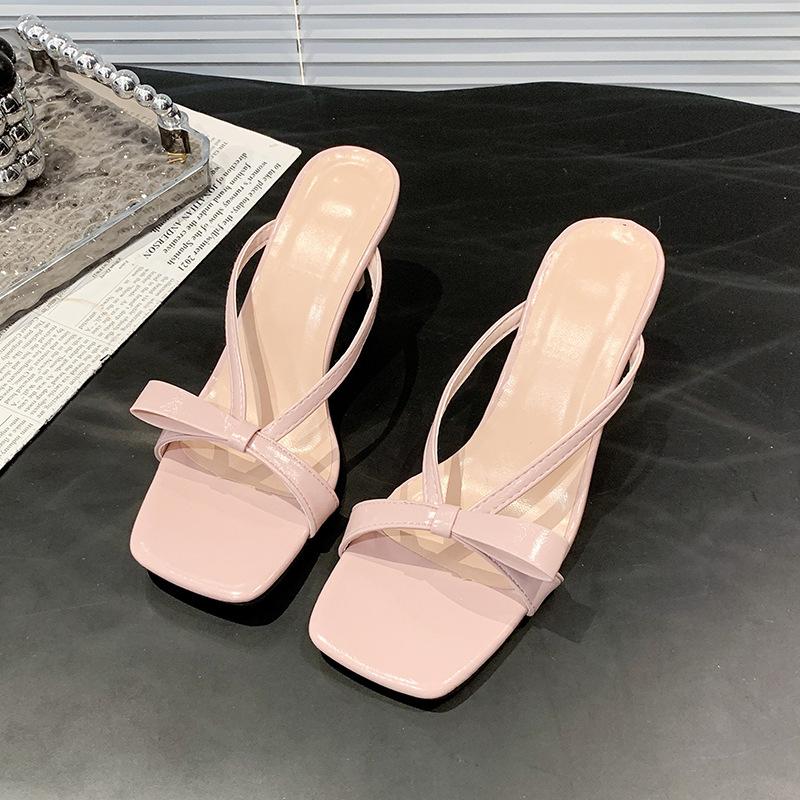 

Нежные тапочки женские летние с бантом квадратный носок с юбкой босоножки с открытым носком 2025 новые высокие каблуки 40 розовый