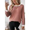 Women Color Block Crew Neck Ribbed Knit Sweater Solid Pink Raglan Long Sleeve Casual Top
