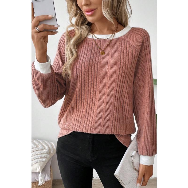 Women Color Block Crew Neck Ribbed Knit Sweater Solid Pink Raglan Long Sleeve Casual Top