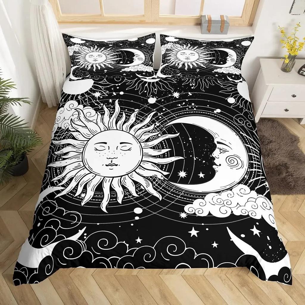 Comforter Mandala Sun And Moon Comforter Ties Exotic Style Black And White Botanical Floral Polyester Bedding Set