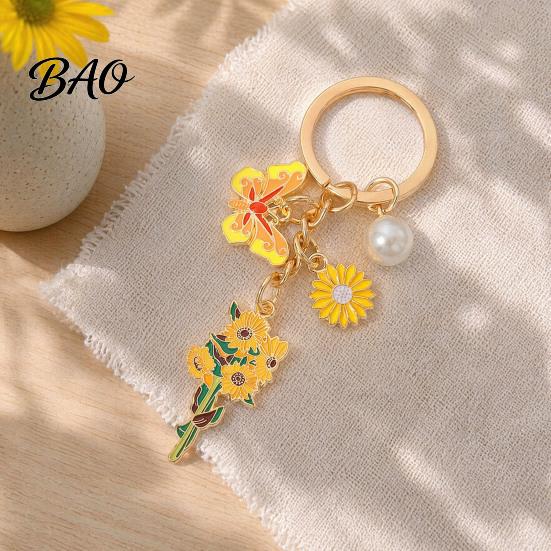 Keychain Pendant with Round Imitation Pearls, Flower Butterfly Enamel Charm Multi-color Key Ring, Pastoral Style Layered Holder Strong Chain Keyring