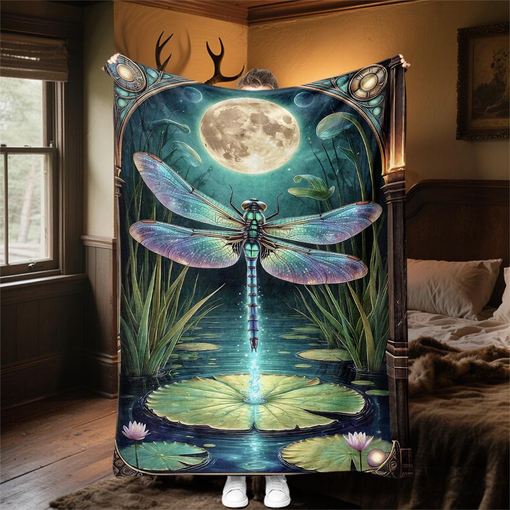 1PC Dragonfly MoonlightOutdoor Flannel Blanket - Soft Plush Decor for Picnics, camping, Bedroom, Playroom, Office, or Lunch Break 1221A