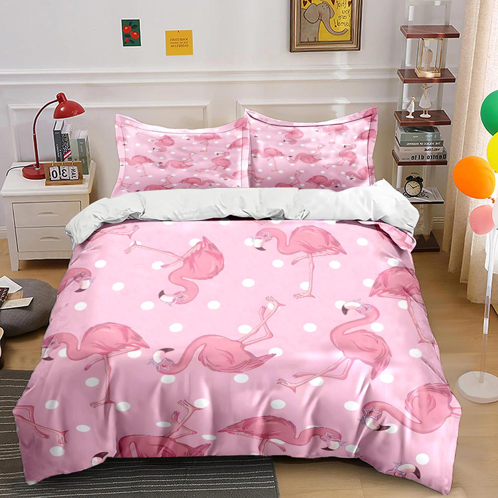 Pink Flamingos And White Polka Dots Print Bedding Set 1 Duvet Cover 2 Pillowcases For Adult And Children Luxury Gift Full Size