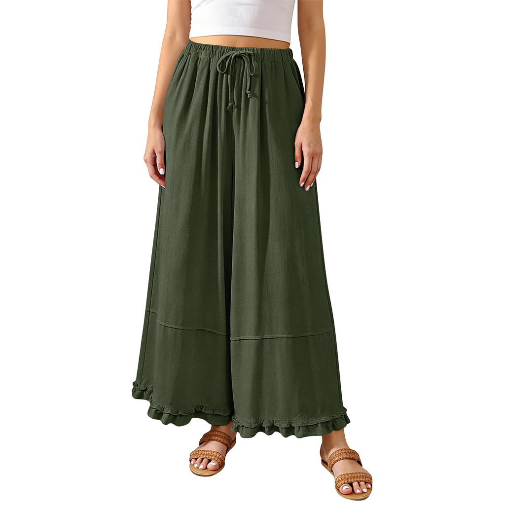 Women’s Wide Leg Lounge Pants with Drawstring Waist and Ruffle Hem Casual Loose Fit Lightweight Trousers with Pockets