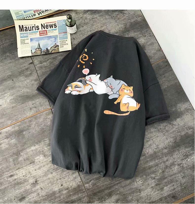 Cat Print Cartoon Trendy Brand Cute Short-Sleeved Hong Kong Style T-Shirt Boys Summer Trend Loose And Versatile Couple Clothes
