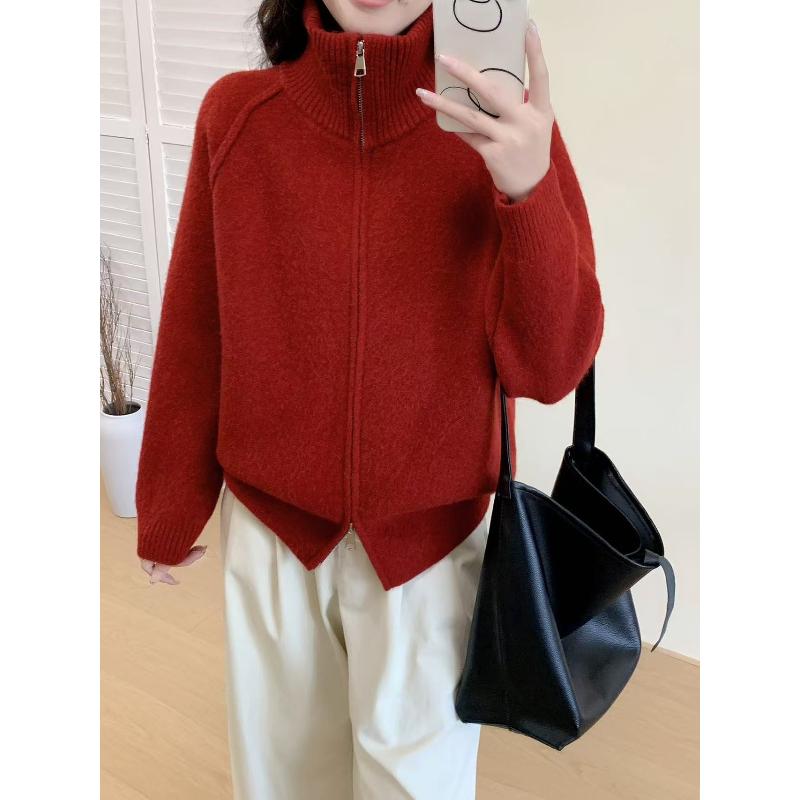 Cardigan Women Sweaters Zipper Coats Stand Collar Full Sleeve Jumpers Y2k Streetwear Elegant Knit Open Stith Autumn Winter One Size красный 2400₽