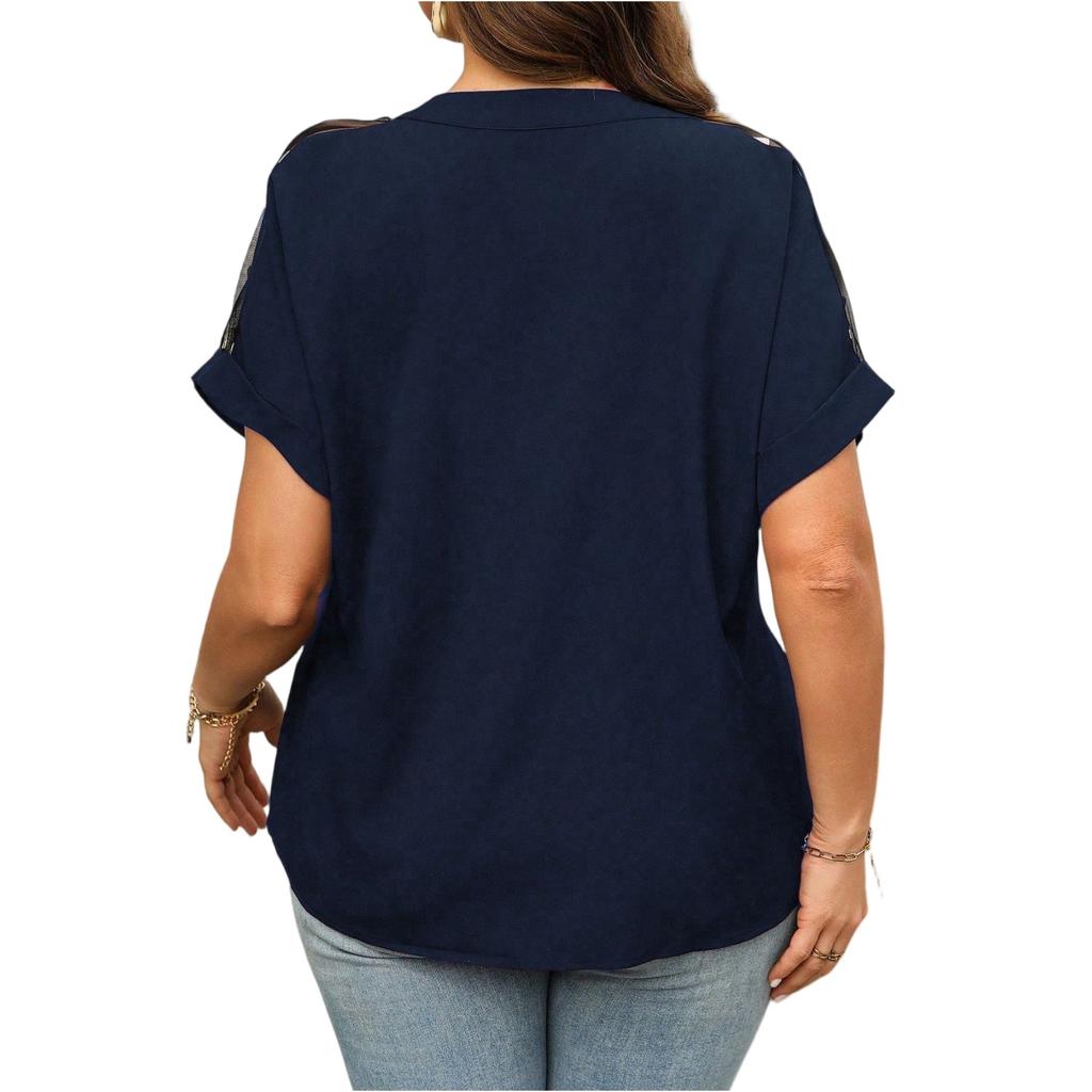 Women's Fashionable Casual Loose-Fit Comfortable V-Neck Mesh Sequin Plus Size Top