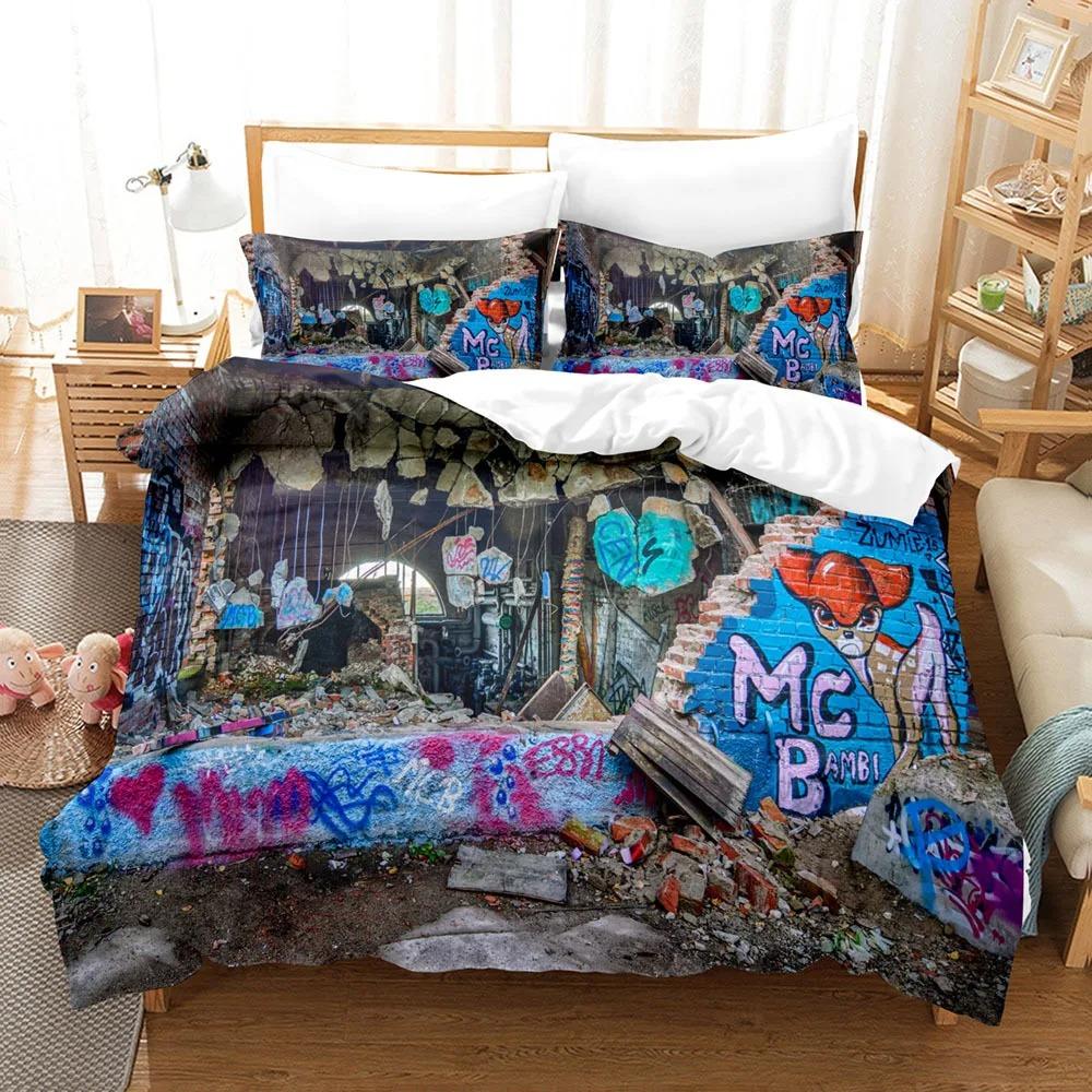 Graffiti Duvet Cover Kid Boys Youth Modern Wall Urban Street Art Painting Polyester Set King Queen Size Bedding Set Pillowcases