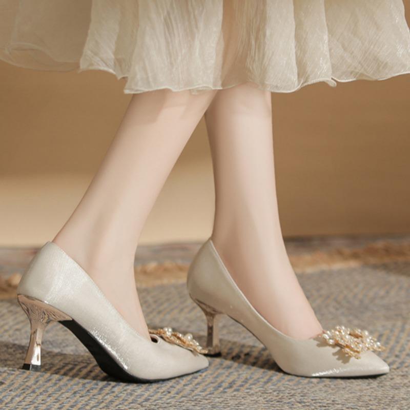 New Pointed High Heels Large Size Plus Wide Women's Shoes Pearl Square Buckle Single Shoes Wedding Shoes