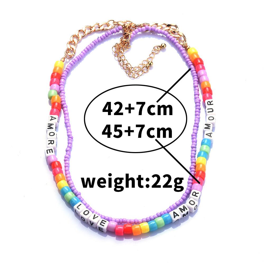 Sweater Necklace Temperament Versatile Colored Rice Bead Letter Collarbone Chain Double Layer Necklace