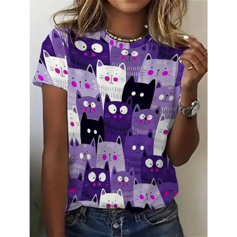 Cartoon Cat T-Shirts Cute Kitten Animal 3D Print Women's Short Sleeve Round Neck T Shirt Tees Harajuku Y2K Tops Female Clothing