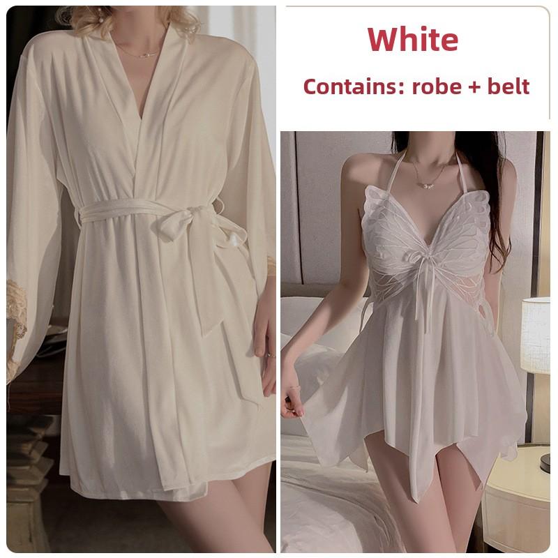 Sexy Backless Velvet Plus Chest Pad Pure Desire Suspender Nightdress Robe Loungewear Set