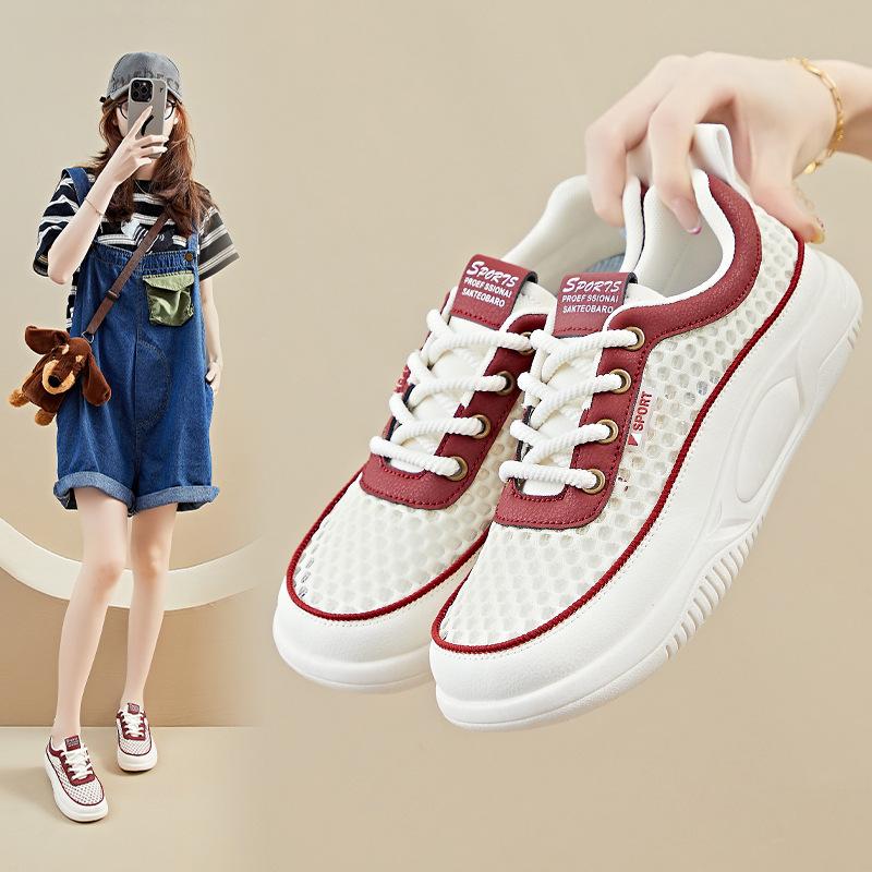 Women's White Sneakers Summer New Mesh Breathable Comfortable Outdoor Sports Shoes Fashion Lace Up Height Increase Flats