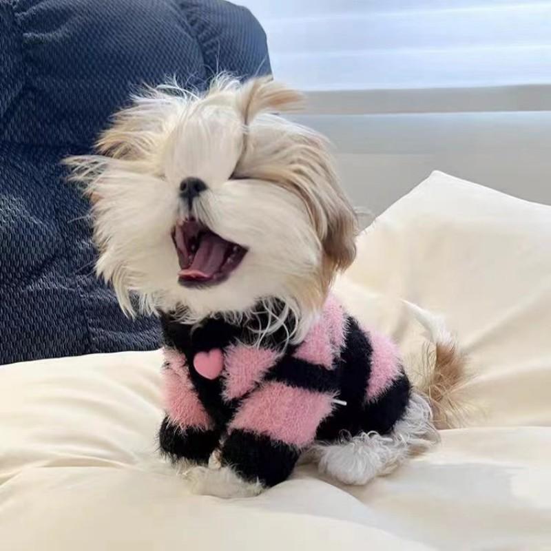 Pet Sweater Small Dogs Black Pink Striped Knit Pullover Fall Winter Cozy Outfit Maltese Shih Tzu Bichon Teddy