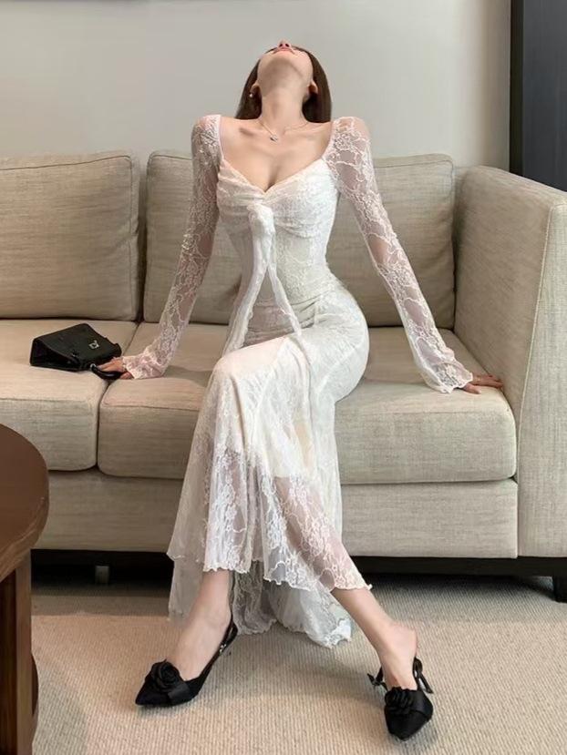 French 3D Floral Ribbon Long Sleeve Lace Fishtail Evening Dress for Women - Autumn Elegance.