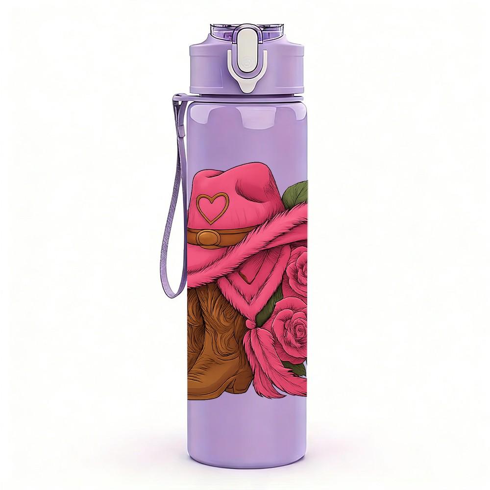 1PC Pink Cowboy Hat Rose Flower 750ml Color Plastic Sports Water Bottle Leakproof Flip Straw Lid Suitable for Sports Office Home Use