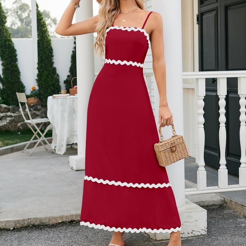 

IHUASU Лето-весна однотонное женское платье средней длины без рукавов с кулиской и кружевом с высокой талией XXL красный