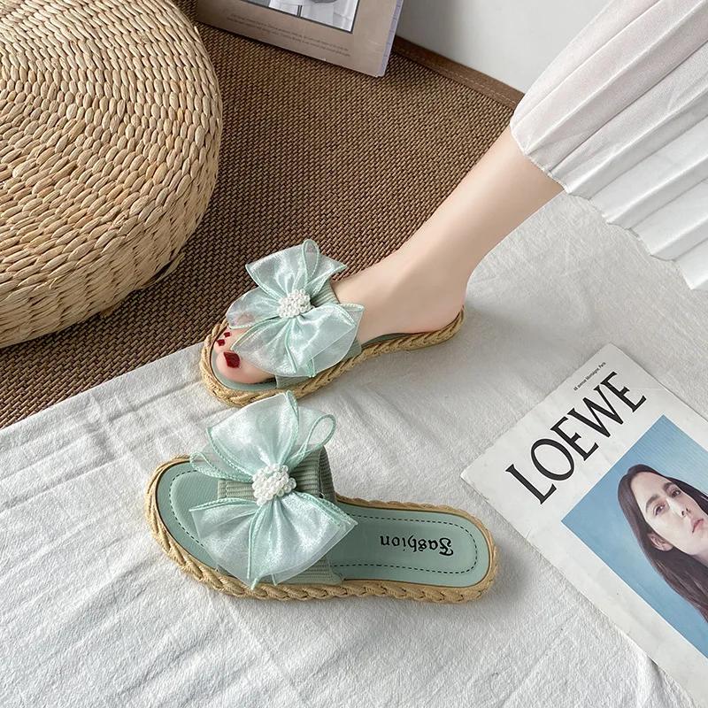 Mode Damen Sommer Hausschuhe Online Promi Hausschuhe Ins Neu Joker Koreanischer Feenwind Mesh Schleife Wort Drag Atmungsaktiv Verschleißfest