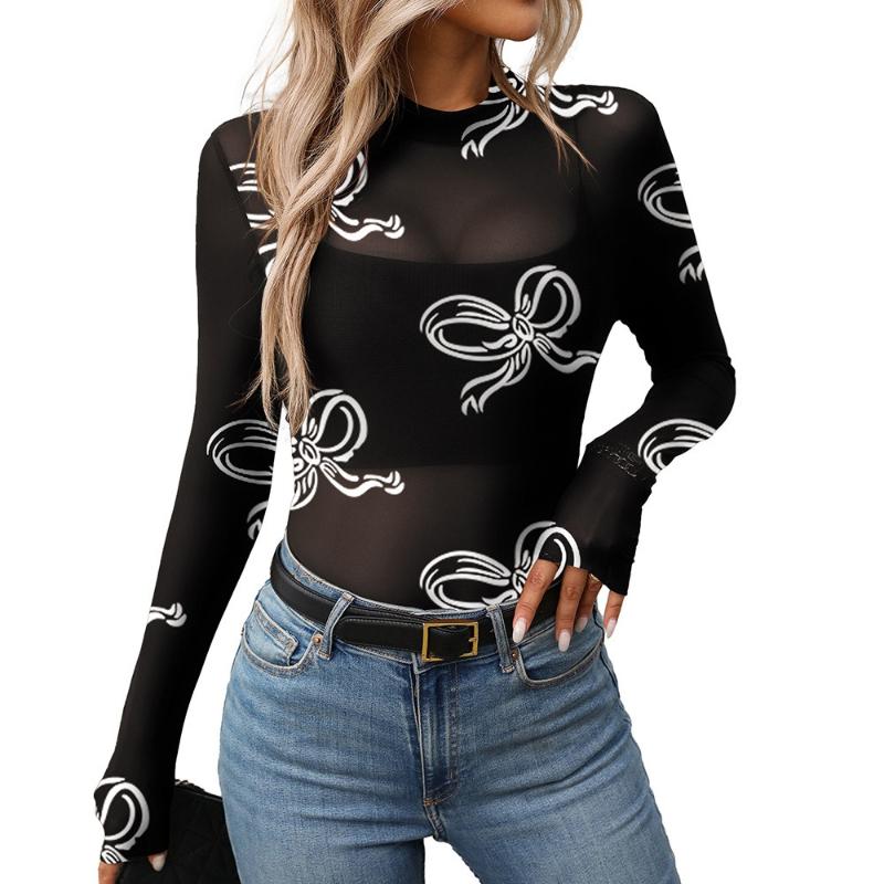 Women's Semi-turtleneck See-through Long-sleeved T-shirt Sexy Y2K Mesh Top