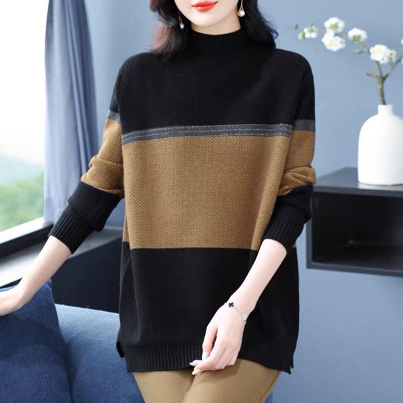 Women's Autumn & Winter Mock Neck Sweater - Mid-Length Loose Plus-Size Mother's Style Color-Block Fashion Thickened Knit Base Layer Top