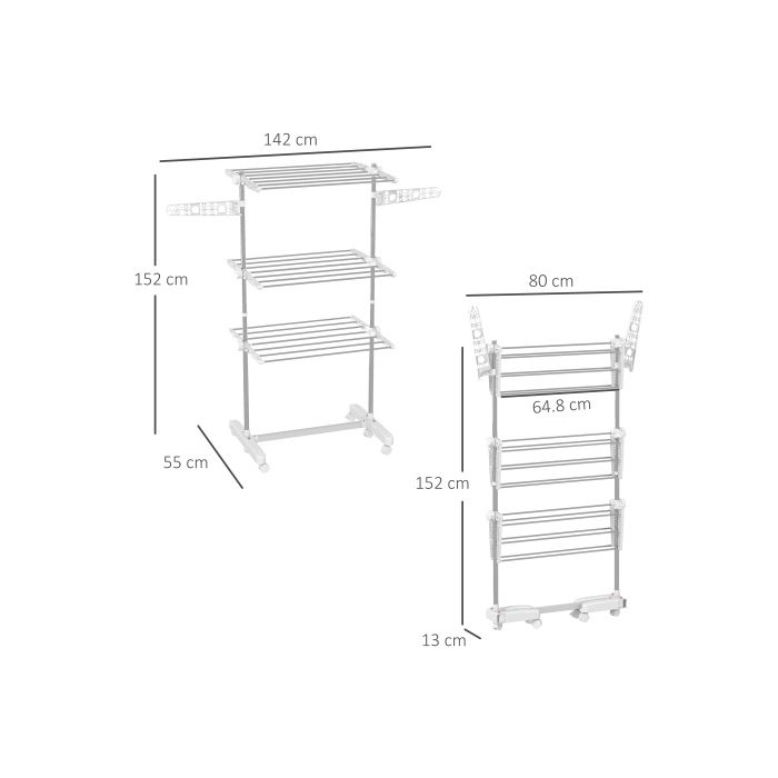 HOMCOM Mobiler Wäscheständer, dreifach faltbar, mit Rädern, 80-142 x 55 x 152 cm