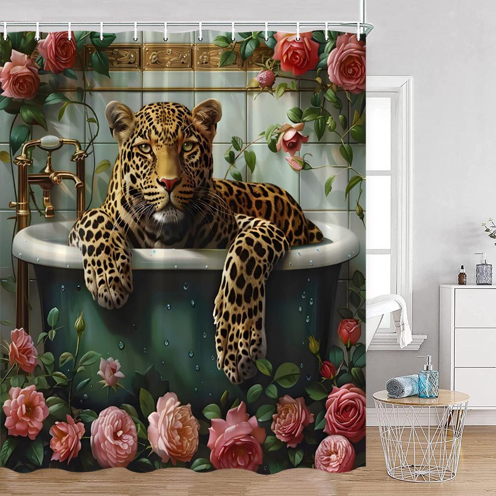 Záclona do sprchy Divoká zvířata Tygr Les Elegantní Panter Zelené Rostliny Růže Květinová Domácí Dekorace do Koupelny Polyesterová Koupelnová Záclona