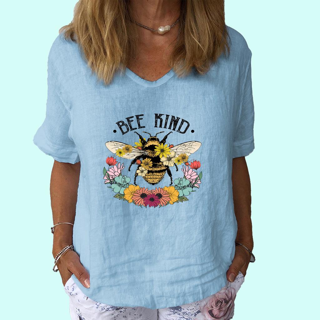 Dámská móda Top s krátkým rukávem Letní ležérní tričko s výstřihem do V Dámské potištěné bavlněné lněné tričko