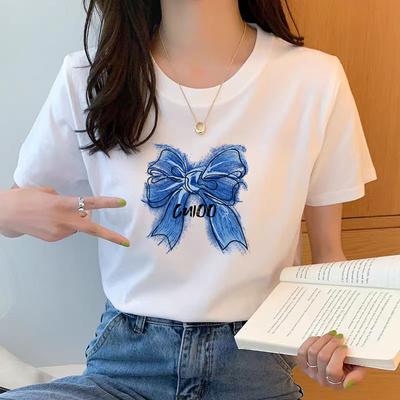 Minimalist Bowknot Printed Short-Sleeved T-shirt Female Summer Basic Style Cotton Loose Bottoming Top