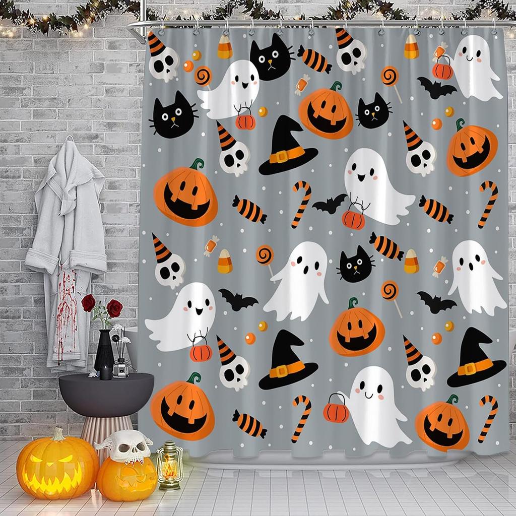 Halloween Shower Curtain Cute Ghost Pumpkins Cartoon Spooky Skull Gothic Fabric Decorative Bathroom Curtains with Hooks,Teal