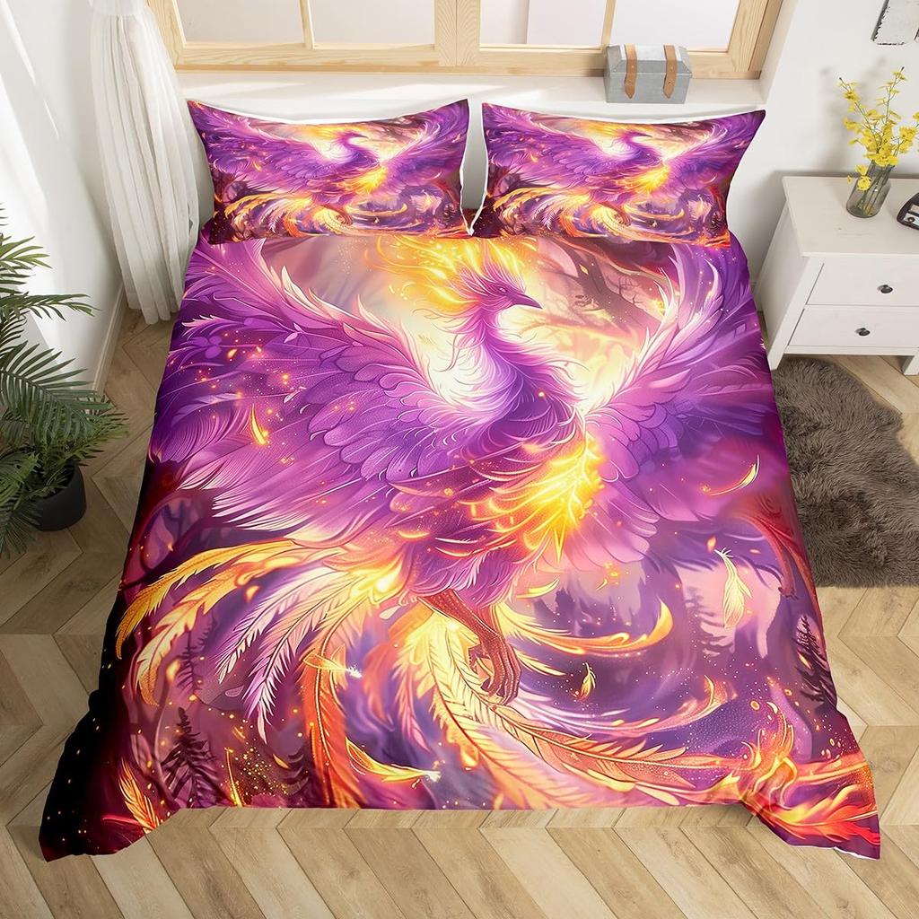 Colorful Phoenix Duvet Cover Set Cartoon Birds Bedding Set Full King Size Microfiber Flame Wings Comforter Cover For Boys Girls
