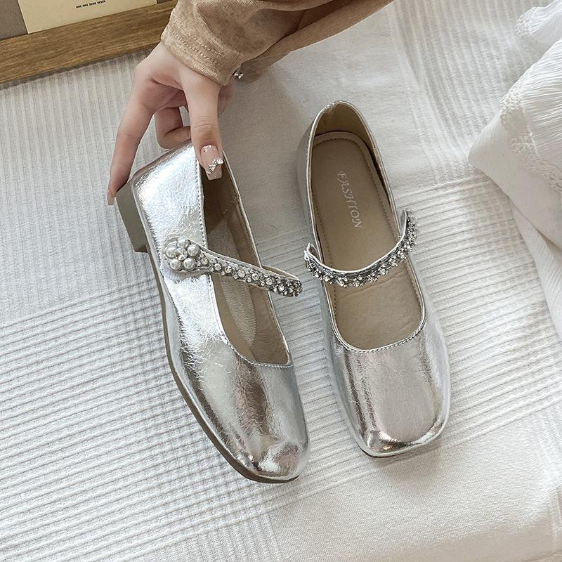Mångsidiga läderskor med fyrkantigt huvud och strass med Mary Jane-skor för kvinnor, sommarmode med strassspänne, kvällsskor med enkel passform