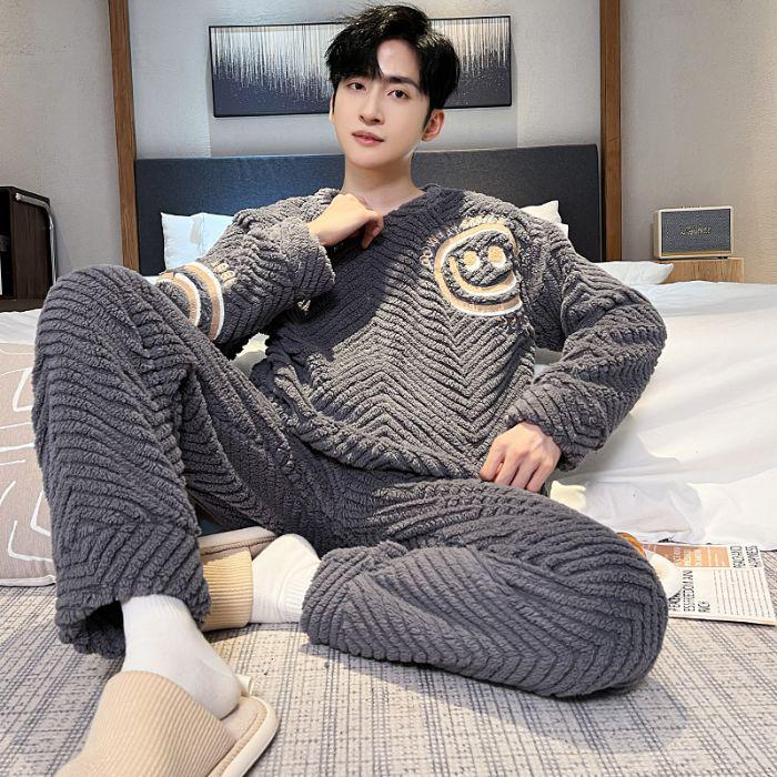 Men's Thick Coral Fleece Flannel Pajama Set - Warm Autumn/Winter Homewear