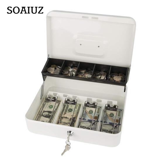 Cash Storage Box with Lock 2 Keys Metal Money Box with Cash Tray Large Capacity Multi-compartments Portable Lock Safe Box