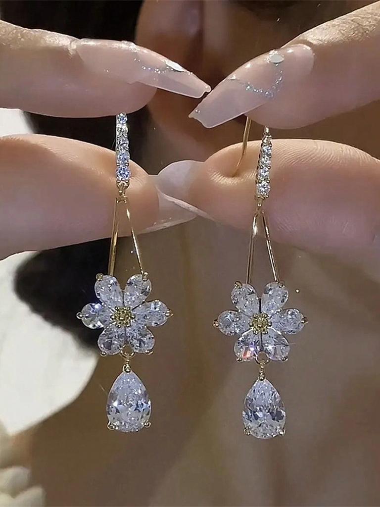 1 paire Boucles d'oreilles Goutte d'eau en cristal et Fleur en zircone Boucles d'oreilles décoratives élégantes pour femmes Pour le quotidien, les fêtes, les bals de promo, les dîners, les trajets domicile-travail, les universités