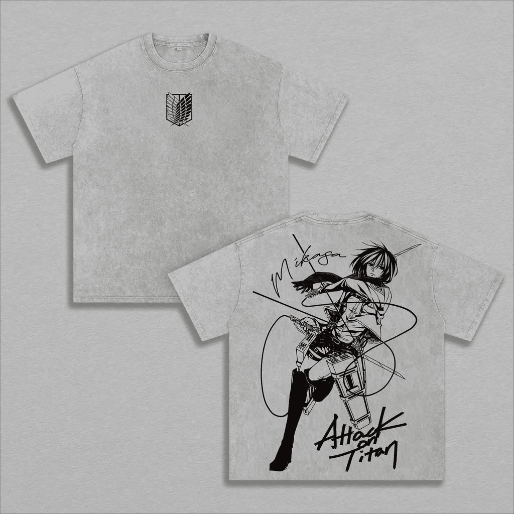 Mikasa Attack On Titan Manga T-shirt Summer Short Sleeve Oversized Tee Clothes Men Clothing Washed Cotton T Shirt