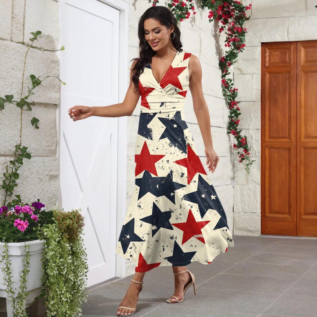 Women's Casual And Fashionable Independence Day Printed V-Neck Sleeveless Dress Dress