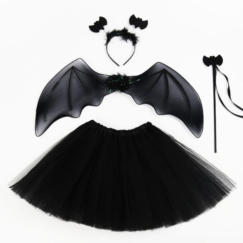 4 Stück Mädchen Halloween Cosplay Kostüm Verkleidung Kleid Schwarzer Netzrock mit Stirnband Fledermausflügel Stab Halloween Party Cosplay Requisiten