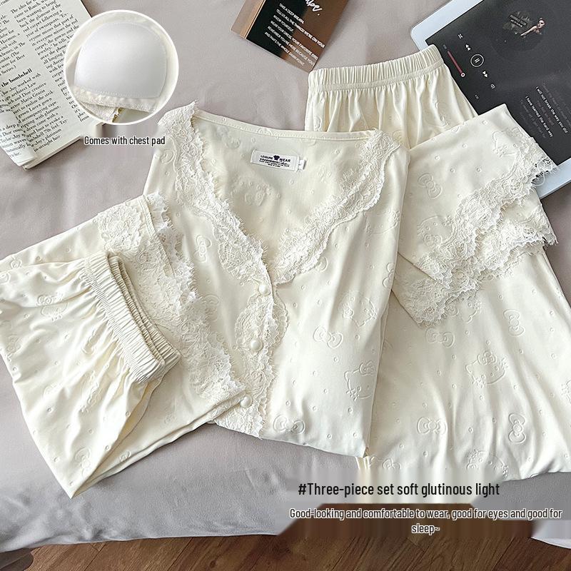 Women's Summer Tencel Cotton Pajama Set with Bra: New 2025 Short Sleeve Three-Piece Loungewear.