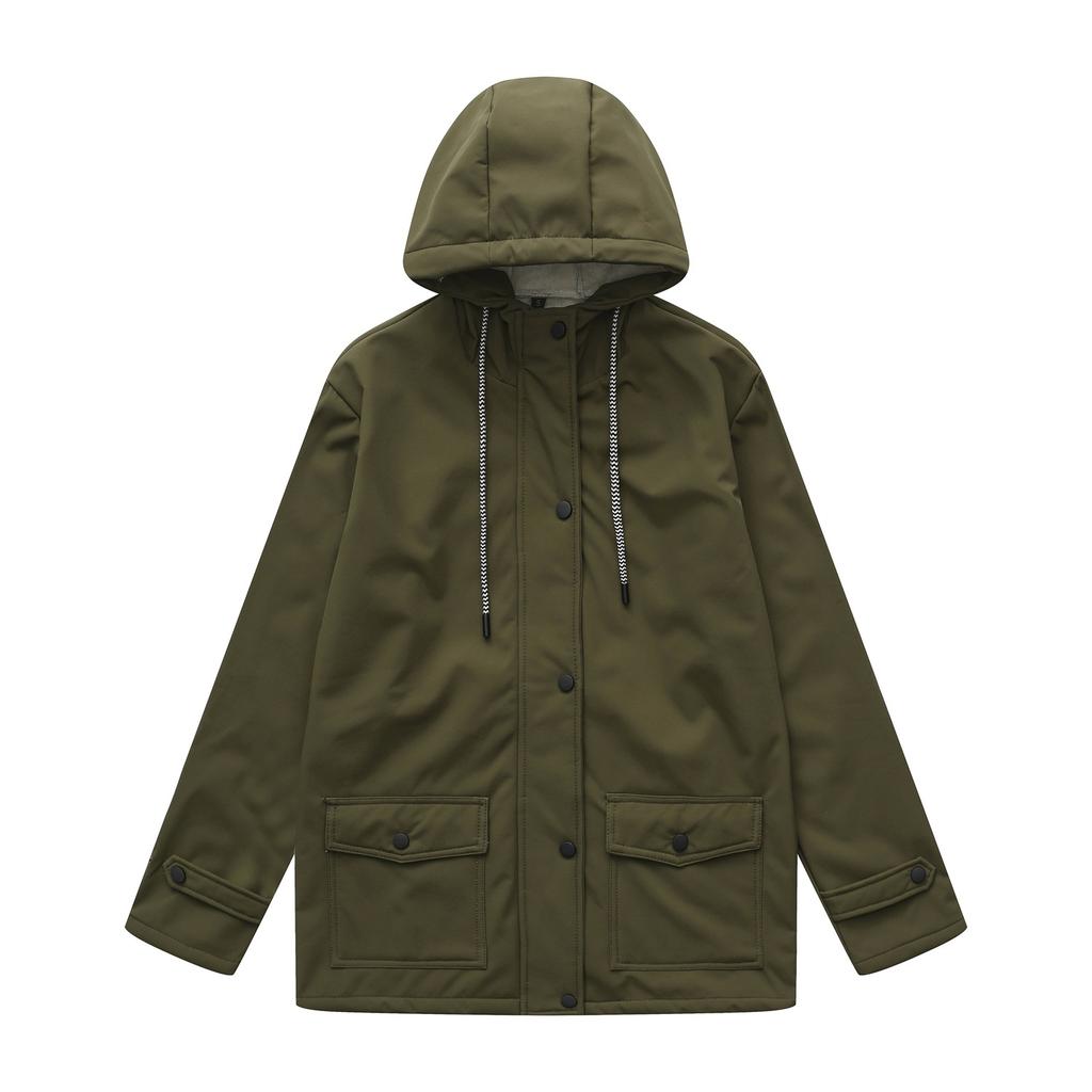 Women's Spring and Autumn Hooded Windbreaker Composite Plush Waterproof Jacket Long Sleeve Plush Jacket