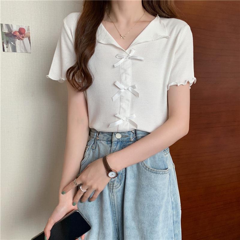 Mode Holzohr-Kante Fliege V-Ausschnitt Kurzarm T-Shirt Strickshirt Damen Locker Dünn Vielseitiges Oberteil Tide Lässig Essentiell Slim Fit Pullover T-Shirts