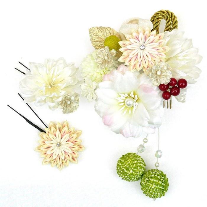 [Kiyomizu] Hair Ornament 3-Piece Set Adult Ceremony Kk-057 White Tsumami-zaiku Flower White Yellow-Green One Size