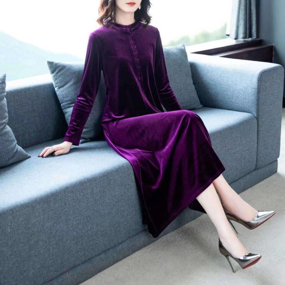 Plus Size Elegant Golden Velvet Knee-Length Dress for Women - Spring & Autumn Style