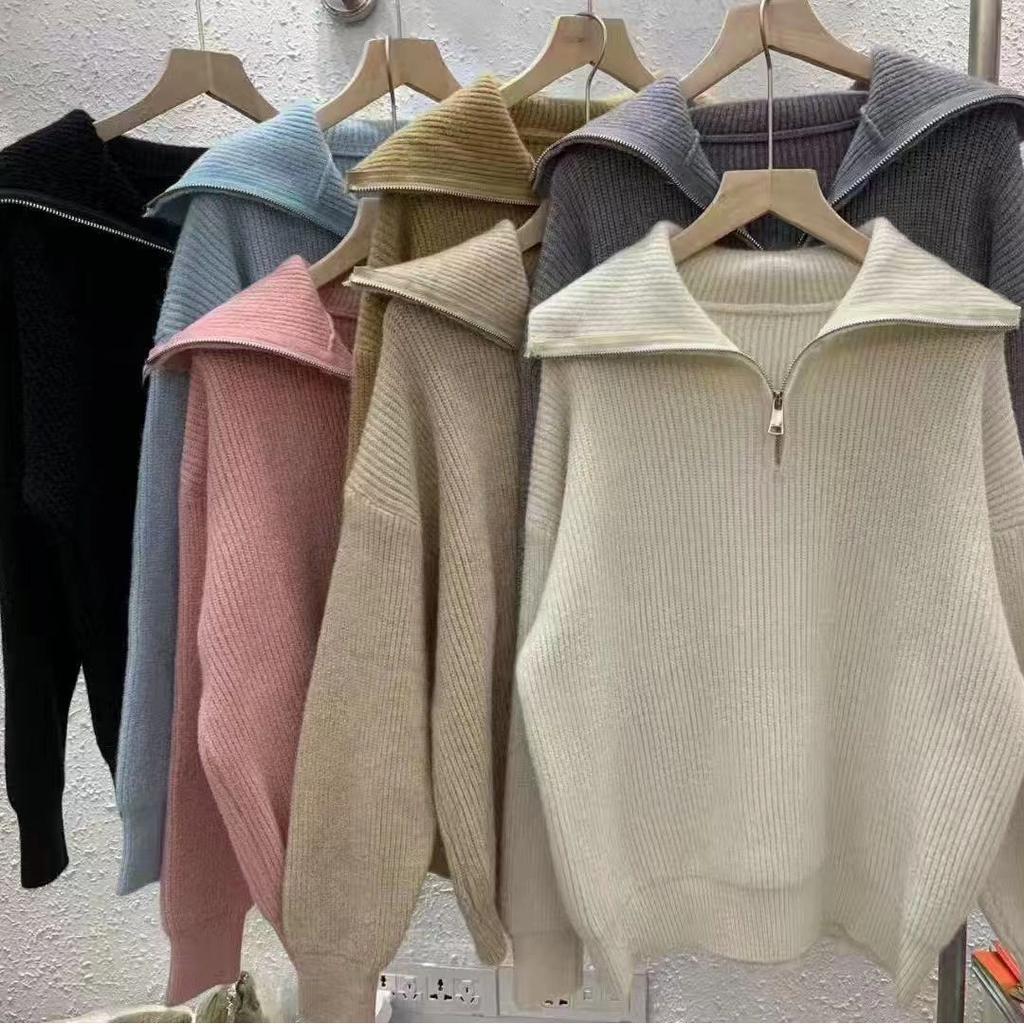 Zipper Large Laps Solid Color Sweater Loose Pullover Sweater Jacket