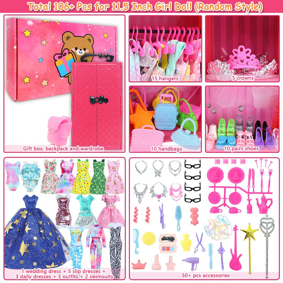 

106 шт. кукольный шкаф с набором одежды и аксессуаров для куклы Барби, шкаф для хранения платьев, вешалки для обуви и т. д.. Подарочный набор для девочки (НЕТ КУКЛ)