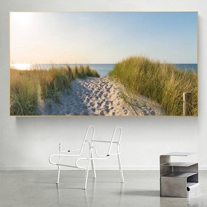 Modern Blue Sun Beach Grass Ocean Seascape Canvas Painting Landscape Posters and Prints Home Decor for Living Room Decoration