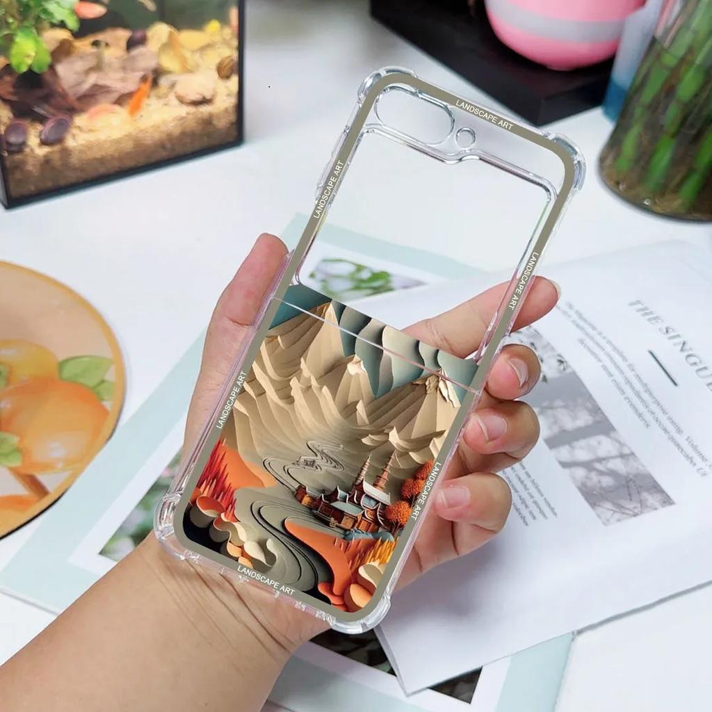 Capa Artística de Paisagem com Padrão 3D de Luxo para Samsung Galaxy Z Flip 6 5 Capa Cover para Samsung ZFlip4 Z Flip 3 Bolsa de Cobertura à Prova de Choque