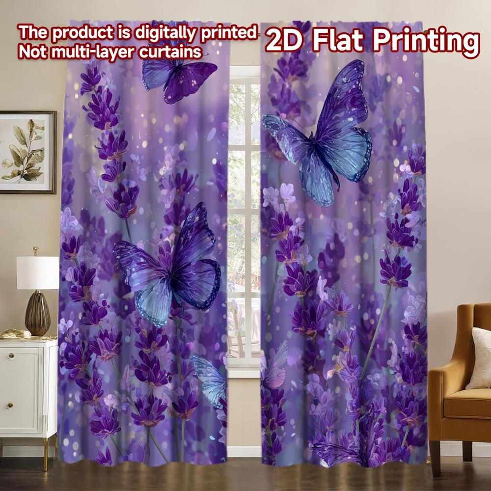 

Set Of 2 Flat Printing Curtains Without Rod Lavender Butterflies Bloom Popular Durable Curtain Semi Sheer Made Polyester W100*H70(CM)-Rod Pocket&2PCS